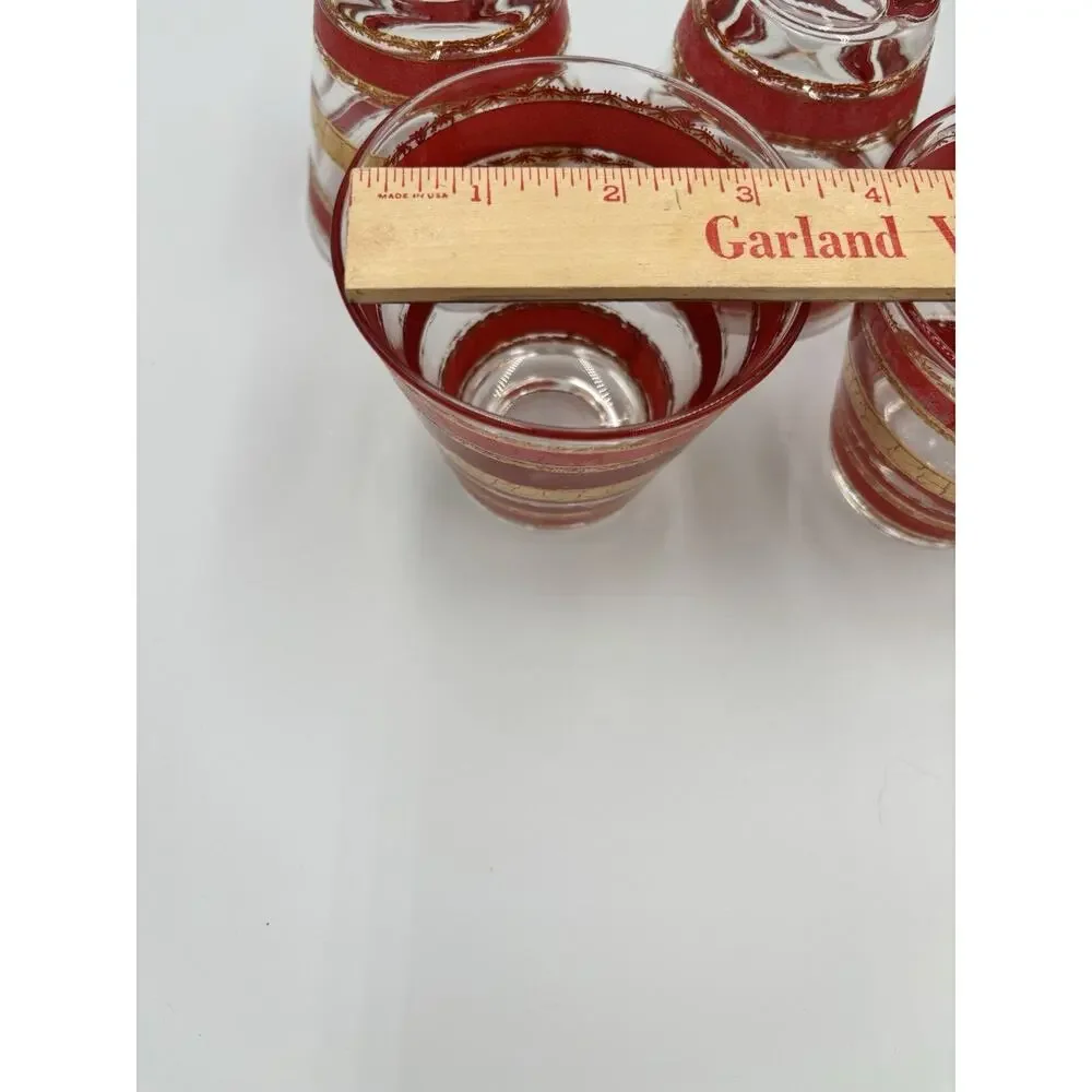 Vintage Set of 5 Red and 22k Gold Culver Alberto Double Old Fashion Glasses GUC